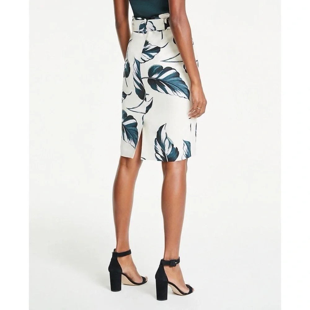 Ann Taylor Ivory Teal Leaves Linen Blend Tie Waist Pencil Skirt Size 8 Petite - Picture 15 of 16